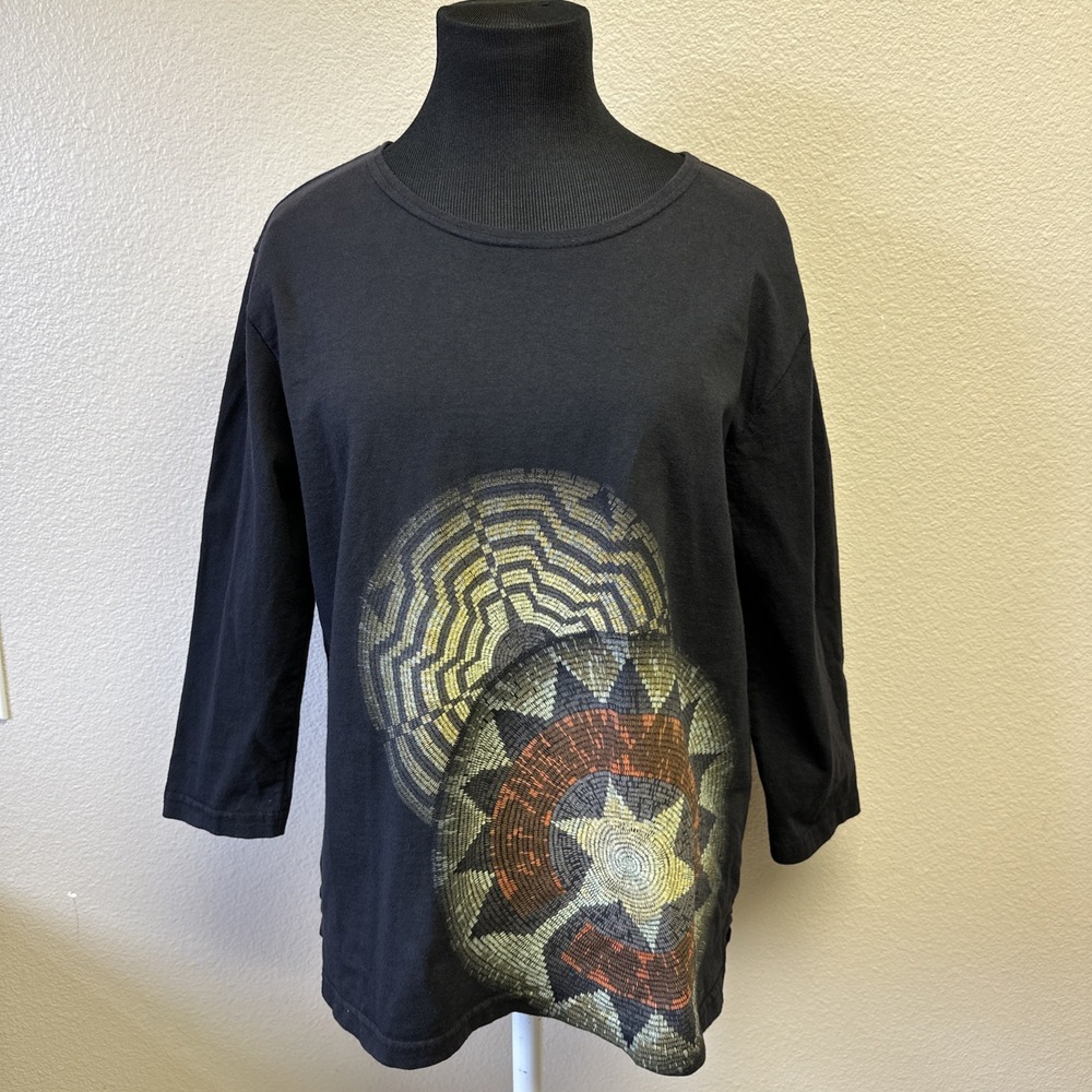 SABAKU Artsy  T-Shirt Top 3/4 Sleeve Small Tribal Graphic Tee Aztec Unique Funky